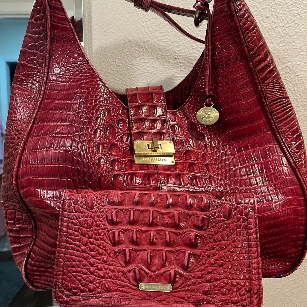 Brahmin Crimson Croc-Embossed Hobo Bag